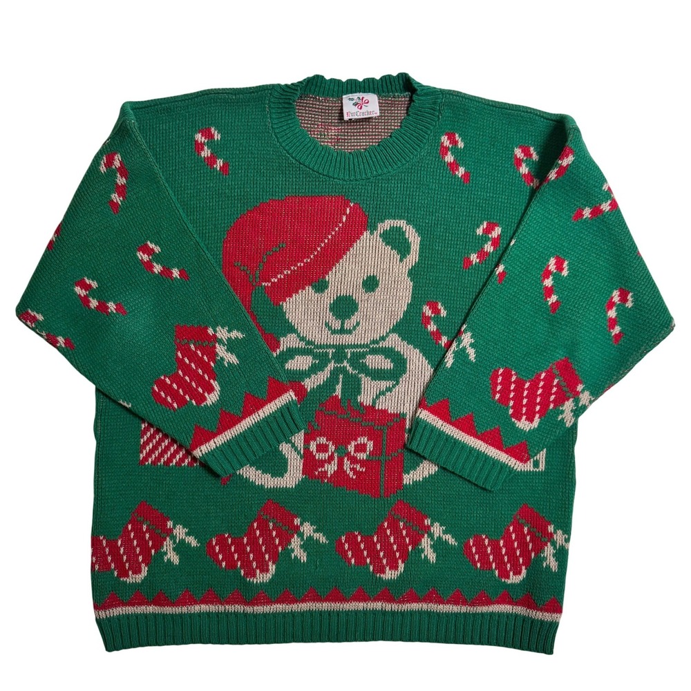 Nutcracker Christmas Sweater 20 2X Green Bear Candy Cane Vintage Holiday Knit